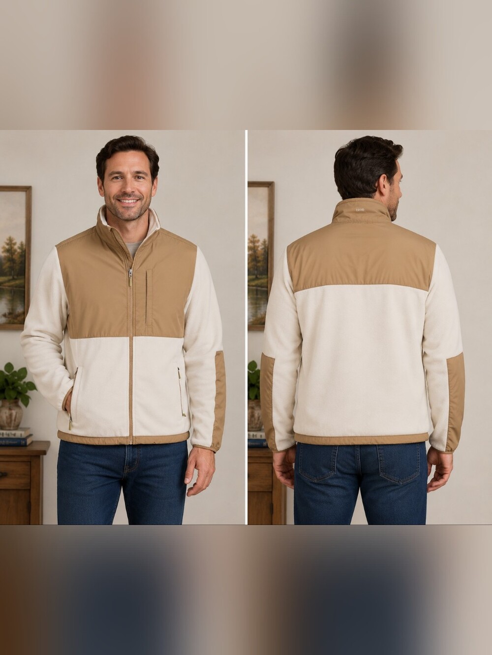 Izod Two-Tone Fleece Jacket in Cream and Tan Size XL